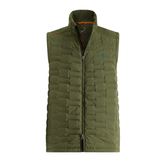 Army green puffer vest. Has orange accents along right collar bone that says 'zero' and the words done the inner zipper. Embroidered on left chest in dark green is a Spartan helmet logo. 