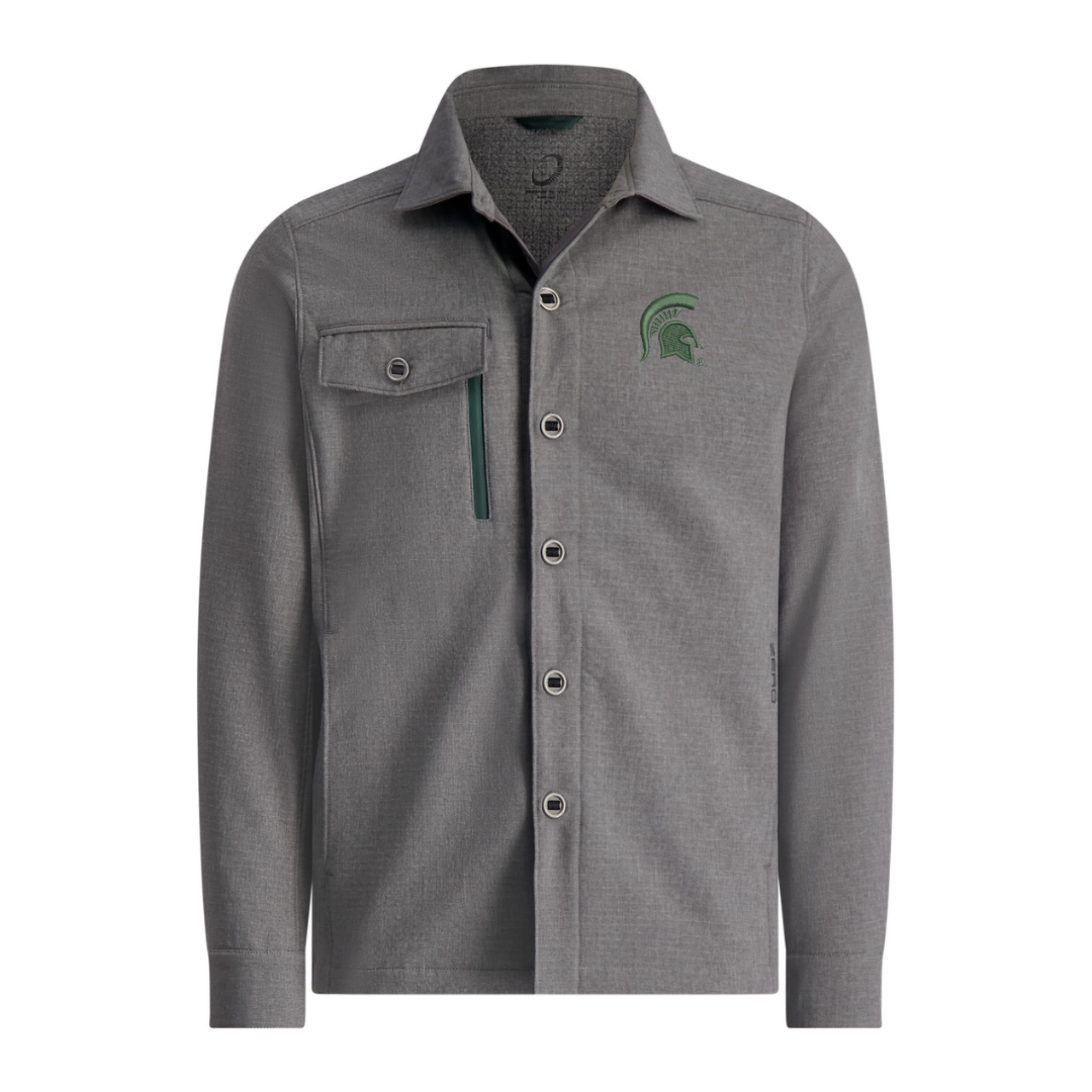 Gray long-sleeve button-up shirt with a collar, six front buttons, a left chest pocket with flap and button closure, and an embroidered green Spartan helmet logo on the right chest.