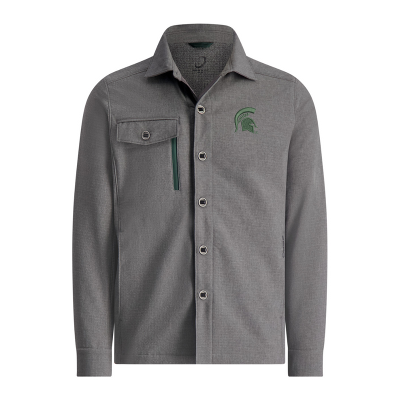 Gray long-sleeve button-up shirt with a collar, six front buttons, a left chest pocket with flap and button closure, and an embroidered green Spartan helmet logo on the right chest.