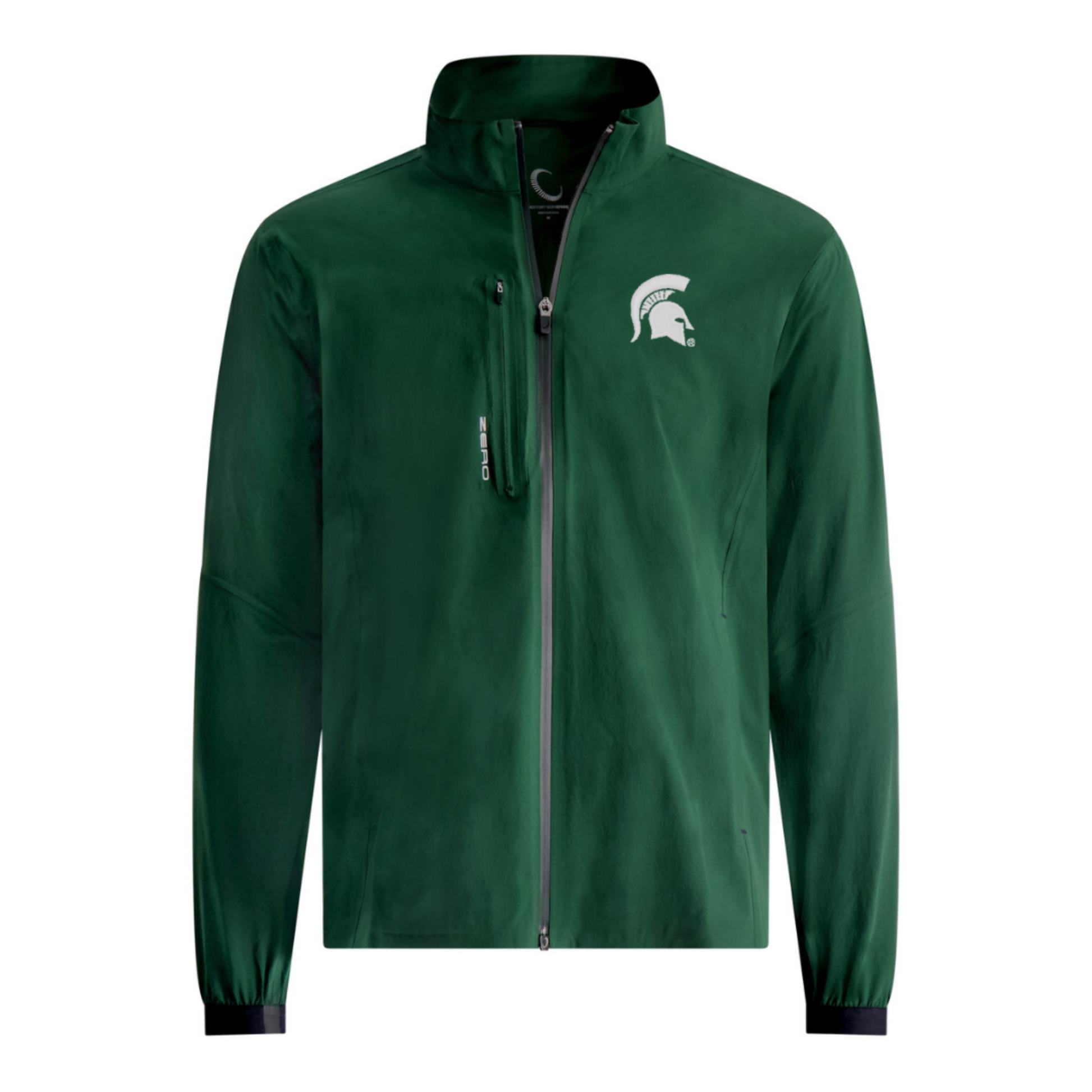 Green full-zip jacket with long sleeves and elastic cuffs, featuring a white Spartan Helmet logo on the left chest and a small zippered pocket.