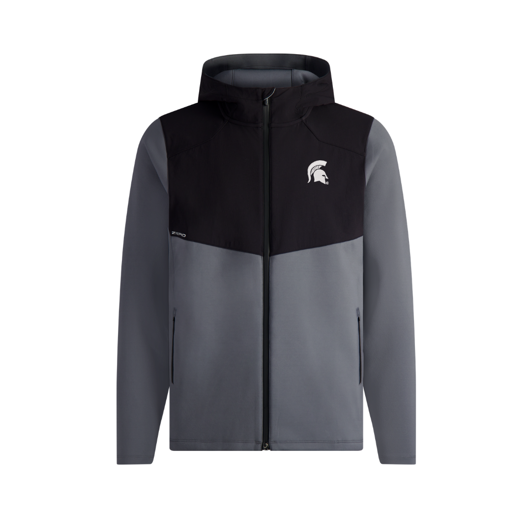 Black and gray full-zip hoodie with two zippered pockets at either side and a white Spartan Helmet logo on the upper left chest. The chest and hood are black while the body and sleeves are gray.  Shown on a white background. 
