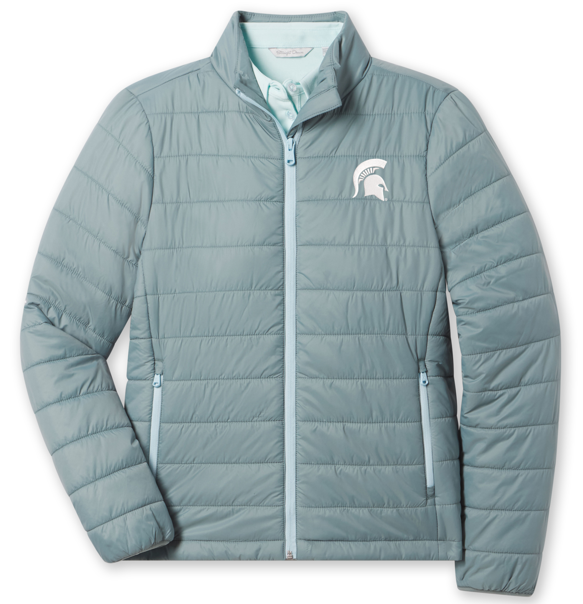 Light blue green puffer jacket with a white embroidered Spartan helmet logo on the left chest. 