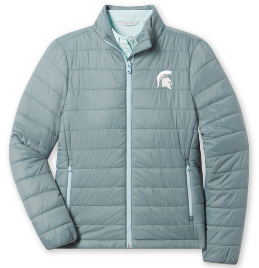 Light blue green full-zip puffer jacket with a white embroidered Spartan Helmet logo on the left chest and two zipper pockets at the bottom on either side. 
