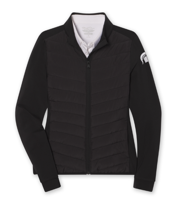 Black full-zip jacket with a quilted stitched middle section and a white Spartan Helmet logo at the top of the left sleeve.