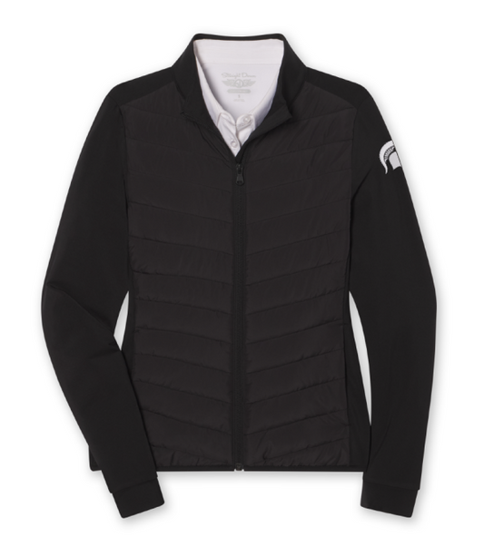 Black full-zip jacket with a quilted stitched middle section and a white Spartan Helmet logo at the top of the left sleeve.