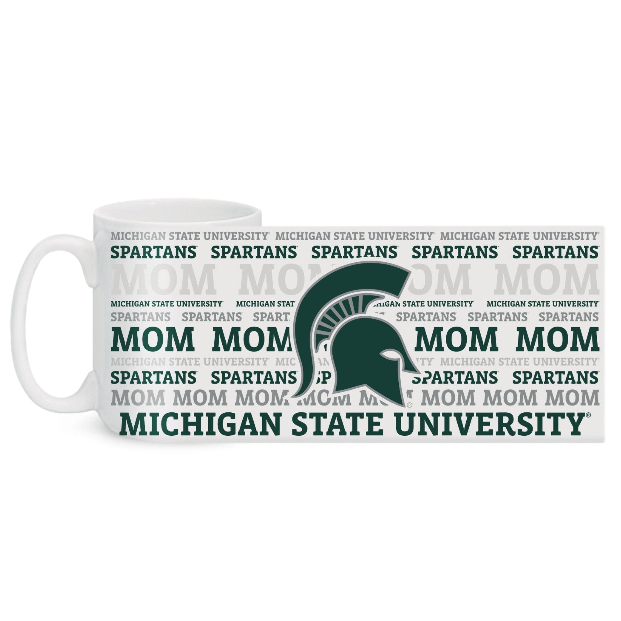 A white ceramic mug with grey and green text and logos, including the Michigan State Spartan helmet and the word 'MOM'.