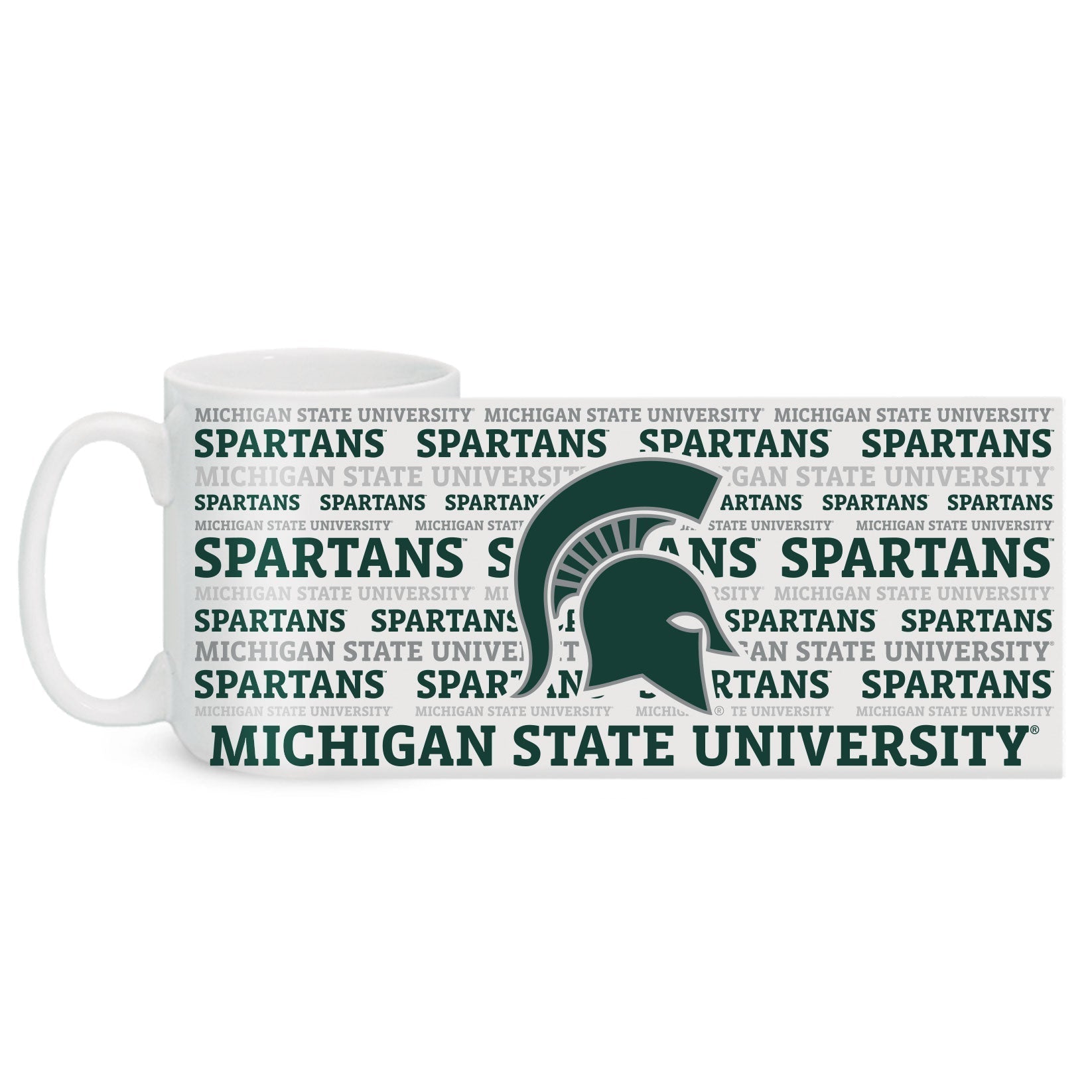 A white ceramic mug with grey and green text and logos, featuring the Michigan State University Spartan helmet and the word 'SPARTANS' repeated and 'MICHIGAN STATE UNIVERSITY' text elements.