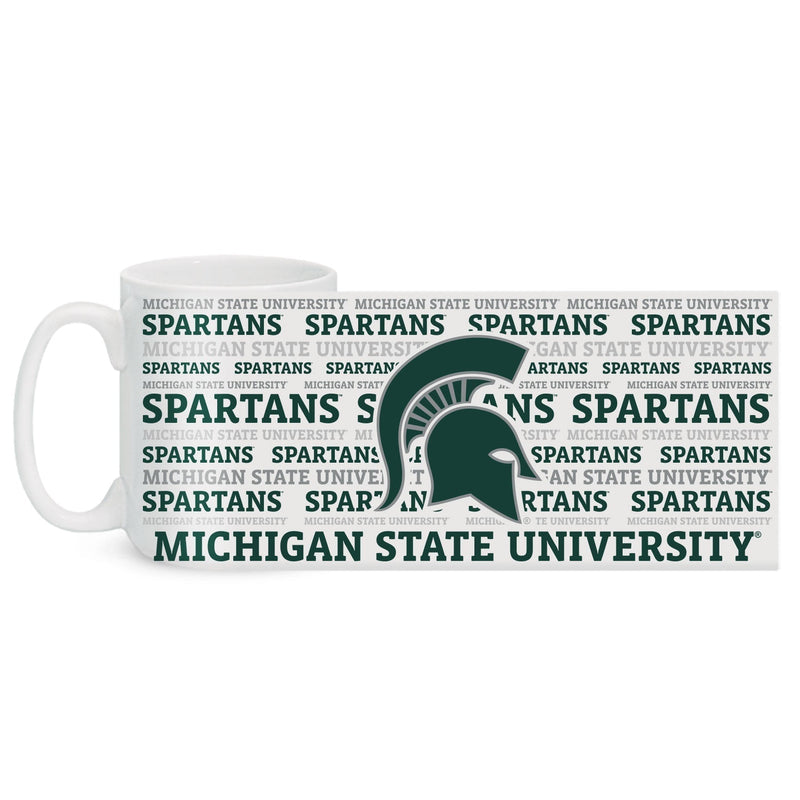 A white ceramic mug with grey and green text and logos, featuring the Michigan State University Spartan helmet and the word 'SPARTANS' repeated and 'MICHIGAN STATE UNIVERSITY' text elements.
