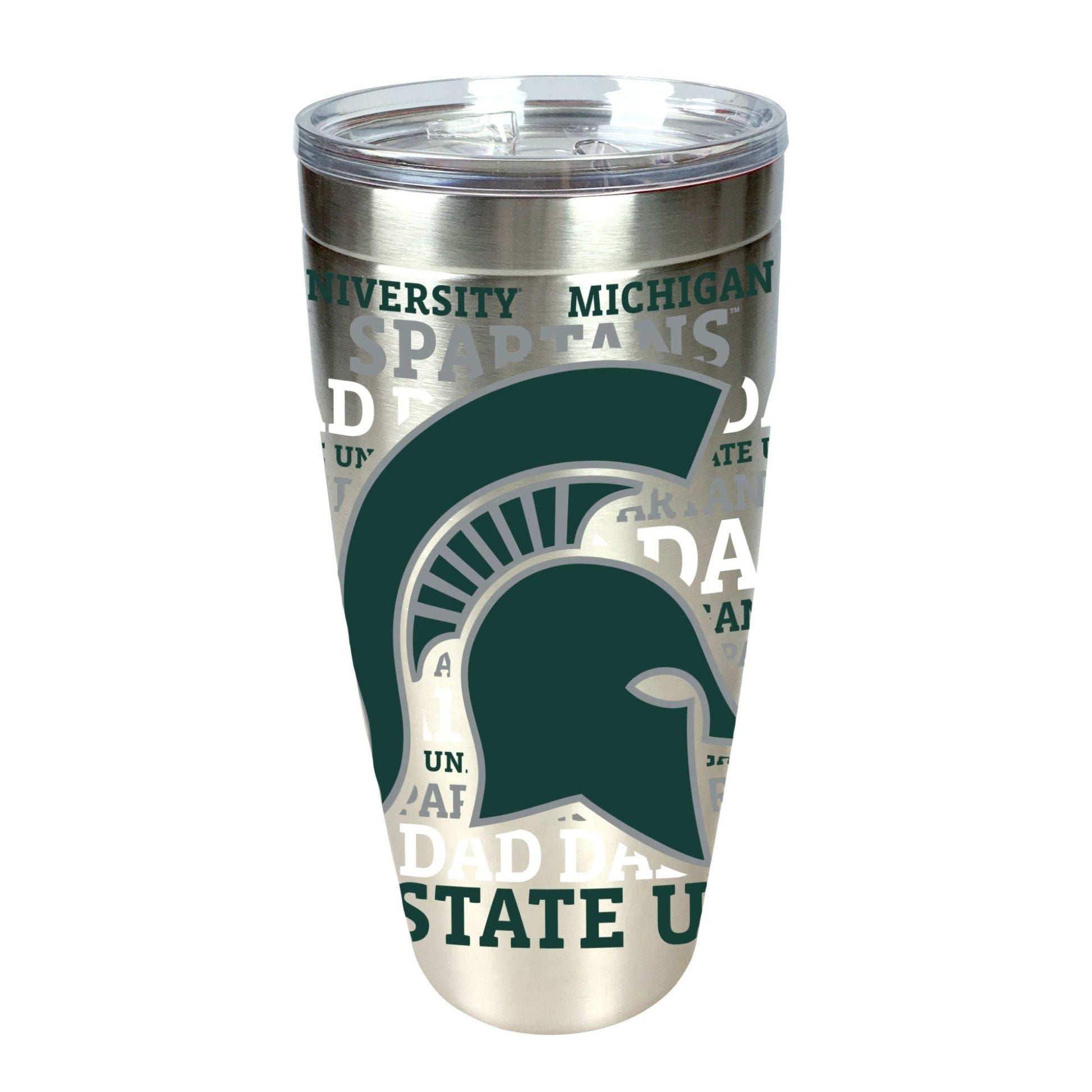 A 30 ounce stainless steel tumbler with Michigan State University and "Dad" logos in green and silver colors as well as a large green Spartan Helmet logo.