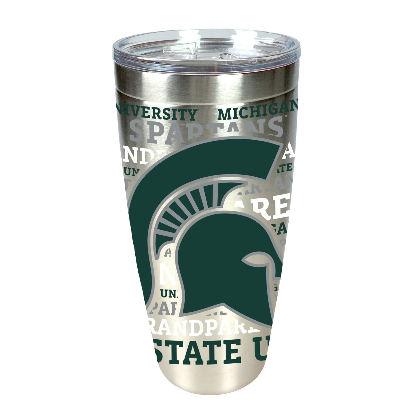 A 30 ounce stainless steel tumbler with Michigan State University and "Grandparent" logos in green and silver colors as well as a large green Spartan Helmet.