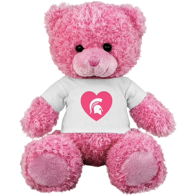 Pink teddy bear wearing a white shirt with a pink heart design with a white Spartan helmet logo centered in heart. on a white background