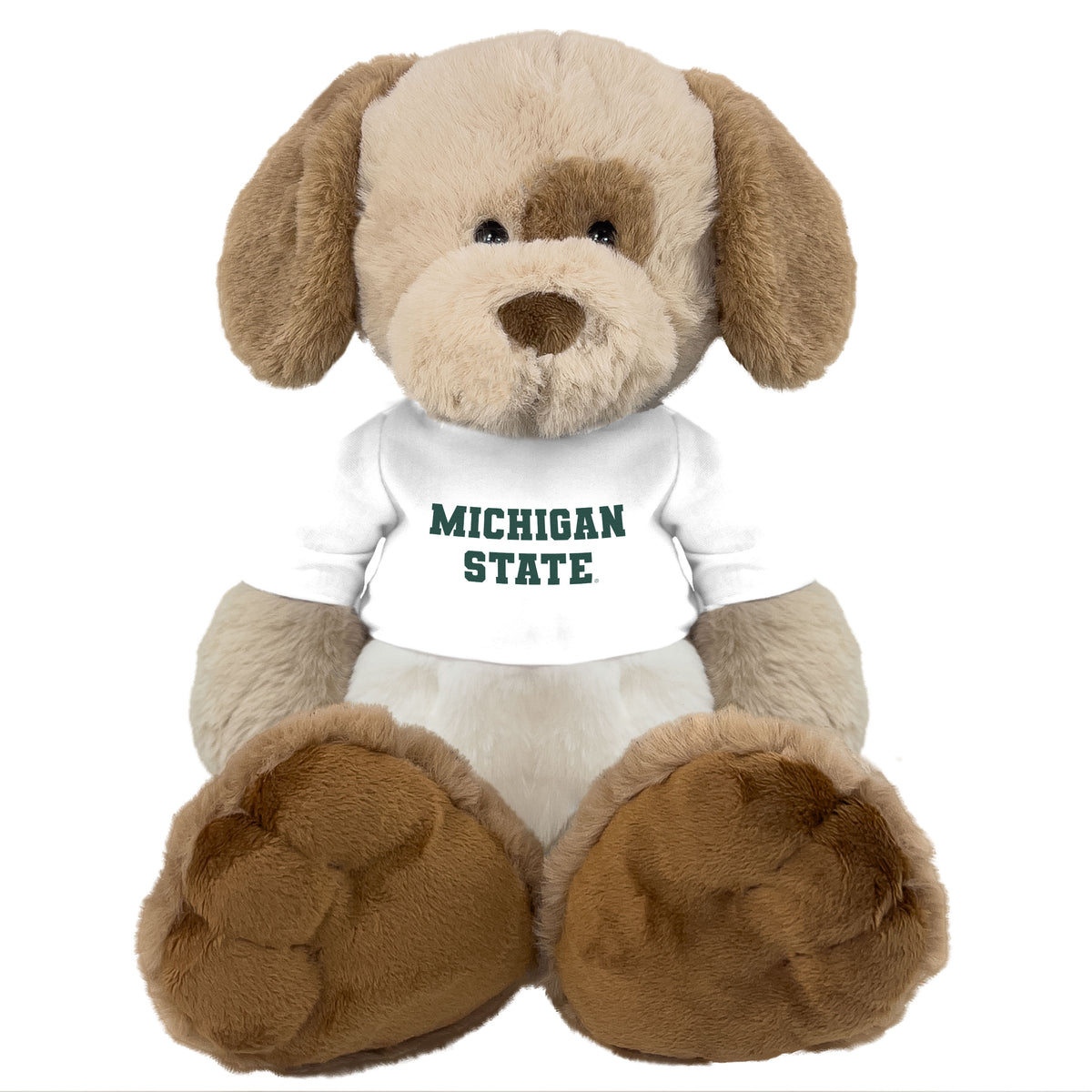Light brown plush dog wearing a white
'Michigan State' shirt. 