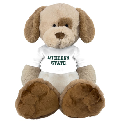 Light brown plush dog wearing a white
'Michigan State' shirt. 