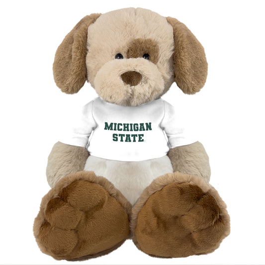Light brown plush dog wearing a white
'Michigan State' shirt. 