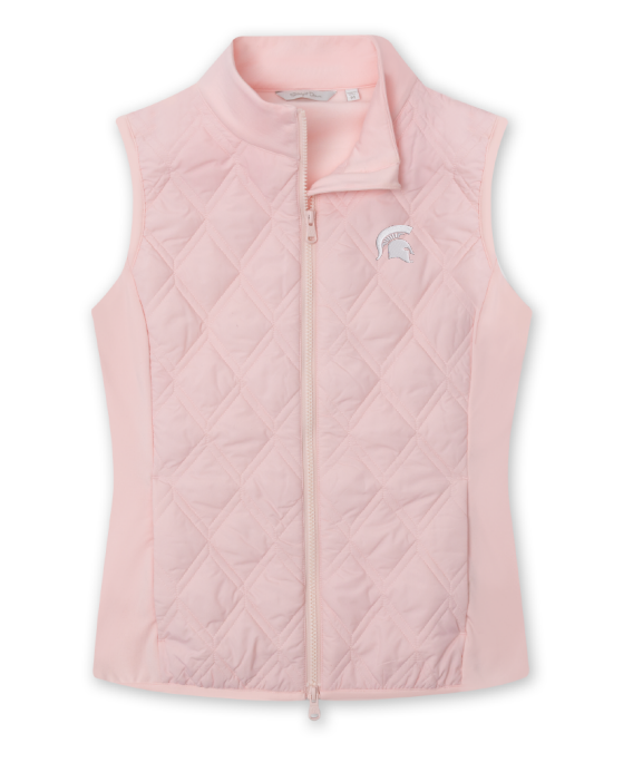 Light pink vest with a two-way zipper, quilted stitching, and a white Spartan Helmet logo embroidered on the upper left chest. 