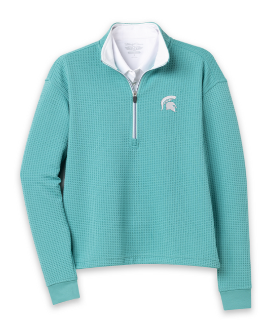 Teal half-zip with a white Spartan Helmet logo embroidered on the upper left chest and waffle knit pattern. 