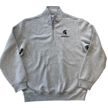 A heather gray quarter-zip sweatshirt. On the right upper chest is a green embroidered Spartan Helmet logo with "College of Engineering" written underneath in green. 