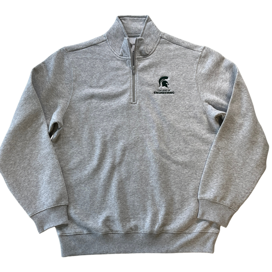A heather gray quarter-zip sweatshirt. On the right upper chest is a green embroidered Spartan helmet logo with "College of Engineering" written underneath in green. 