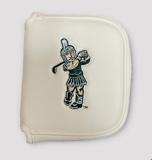 A white mallet putter headcover featuring an embroidered Golf Sparty logo on the front.