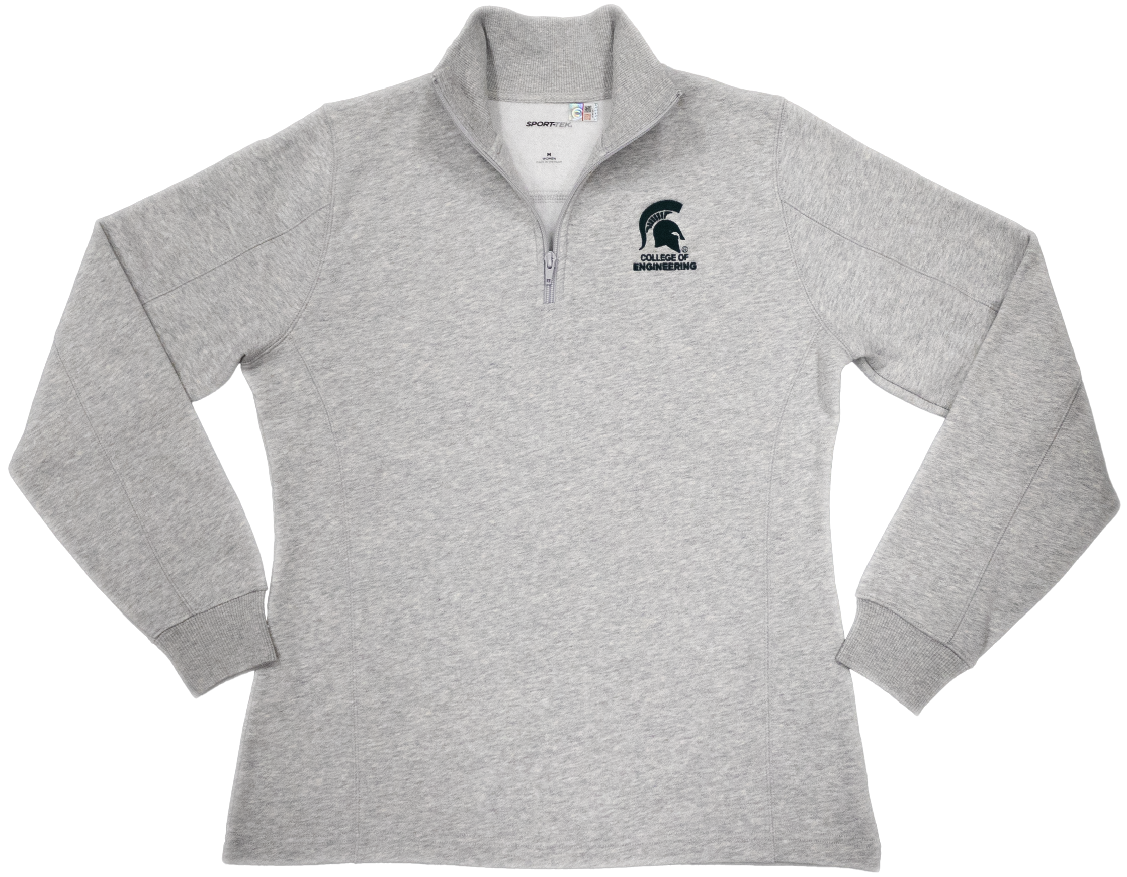 Grey sweatshirt with 1/4 zip. Forest green Spartan helmet with 'College of Engineering" below it in forest green.