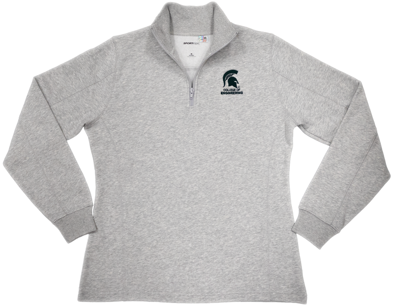 Grey sweatshirt with 1/4 zip. Forest green Spartan helmet with 'College of Engineering" below it in forest green.