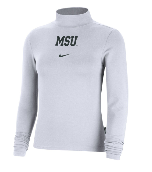 A white mock neck shirt with the word "MSU" at the top center in green above a green Nike swoosh.