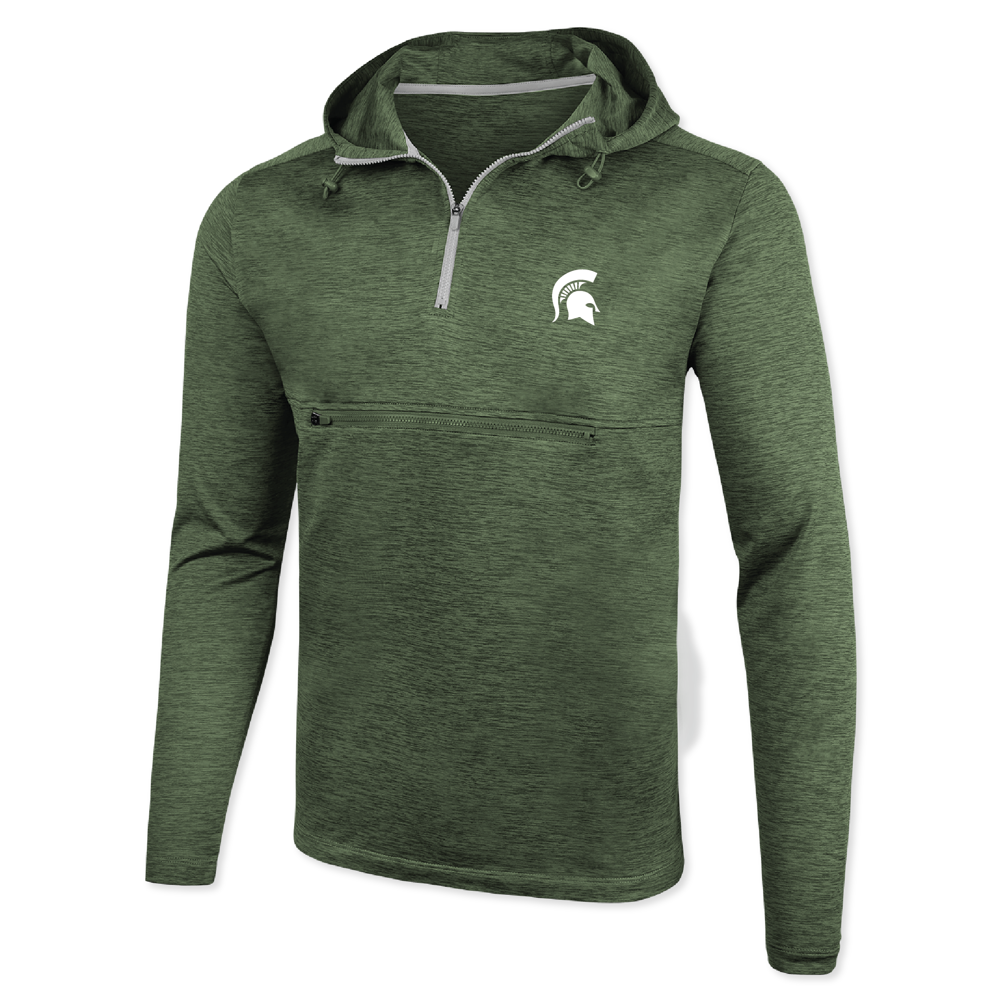 Distressed green quarter zip with a light gray zipper, a green zippered pocket on the upper mid section, and the Spartan Helmet logo in white on the upper left chest. 