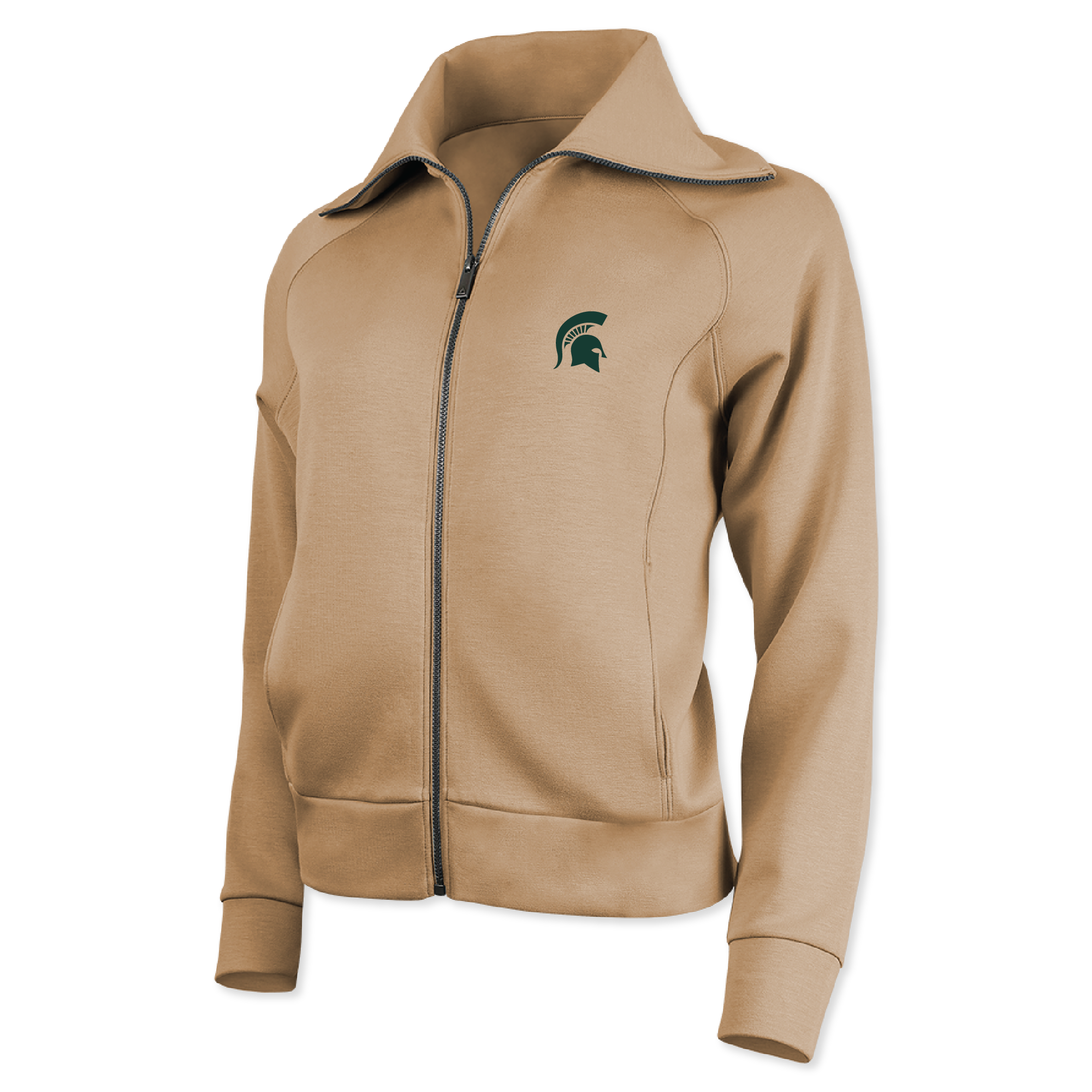 Beige full-zip jacket with an extended collar, gray zipper, and a green Spartan helmet logo on the upper left side. 
