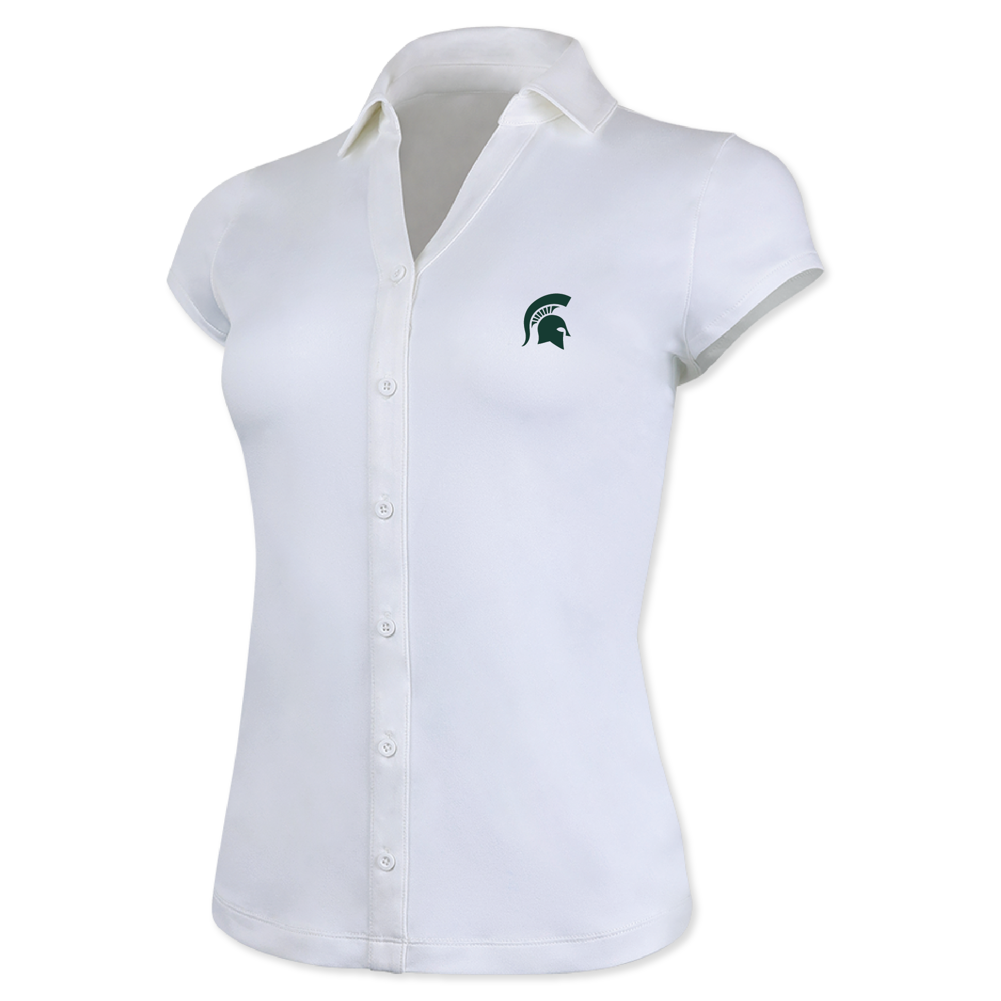 White short sleeve sleeve button up with a collar and dark green Spartan helmet logo on the left upper chest. 