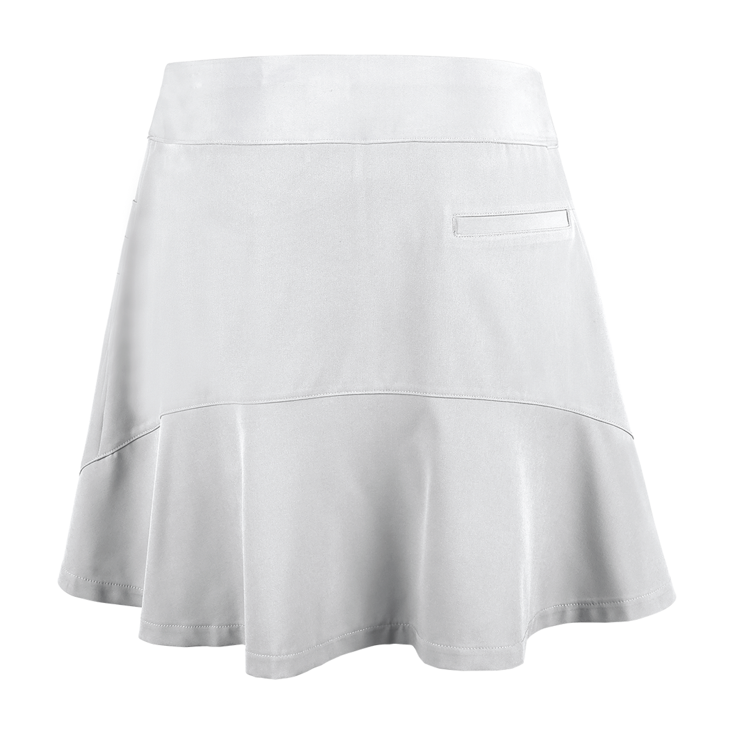 Back of a white skort with a pocket on the left side and a ruffle hem. 