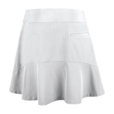 Back of a white skort with a pocket on the left side and a ruffle hem. 