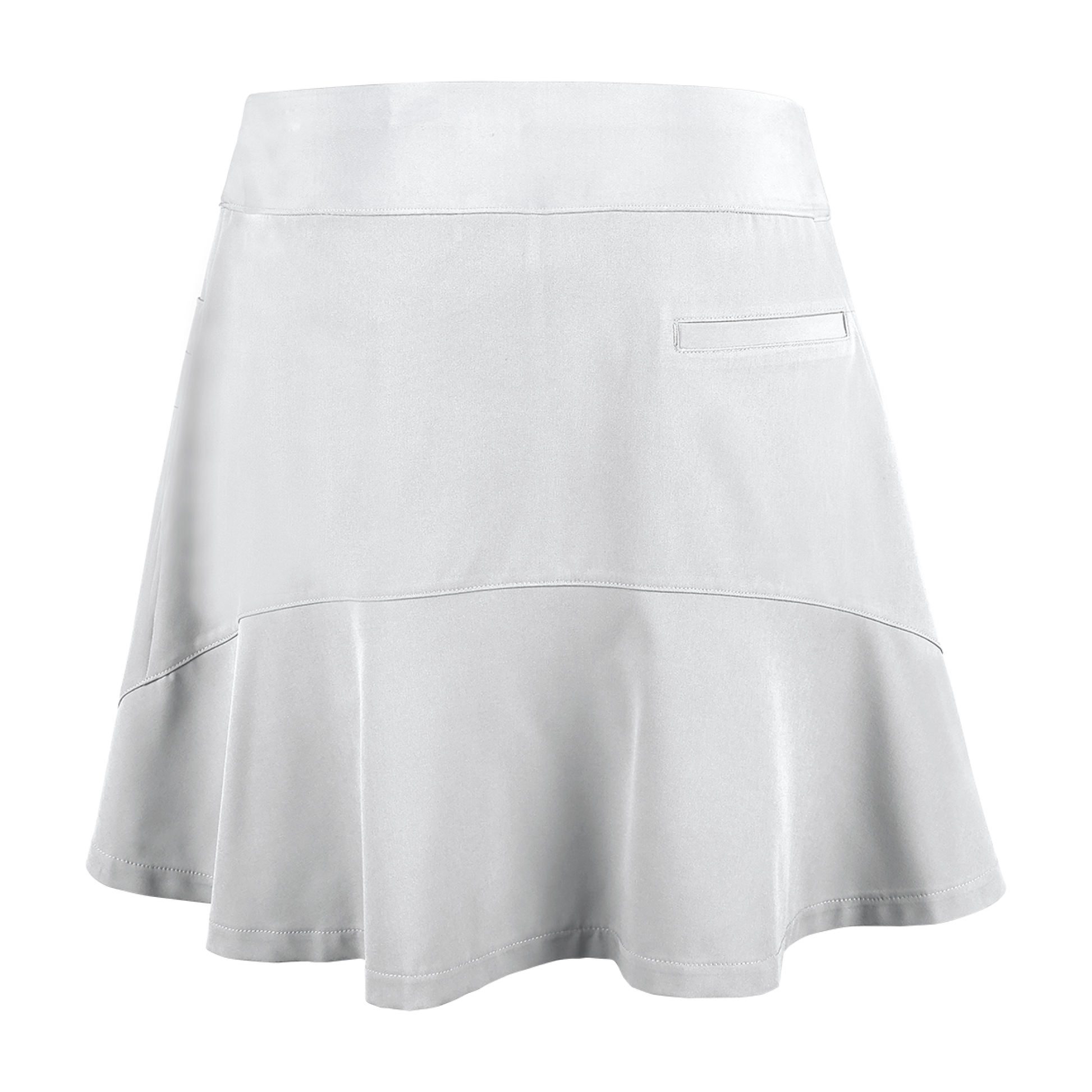 Back of a white skort with a pocket on the left side and a ruffle hem. 