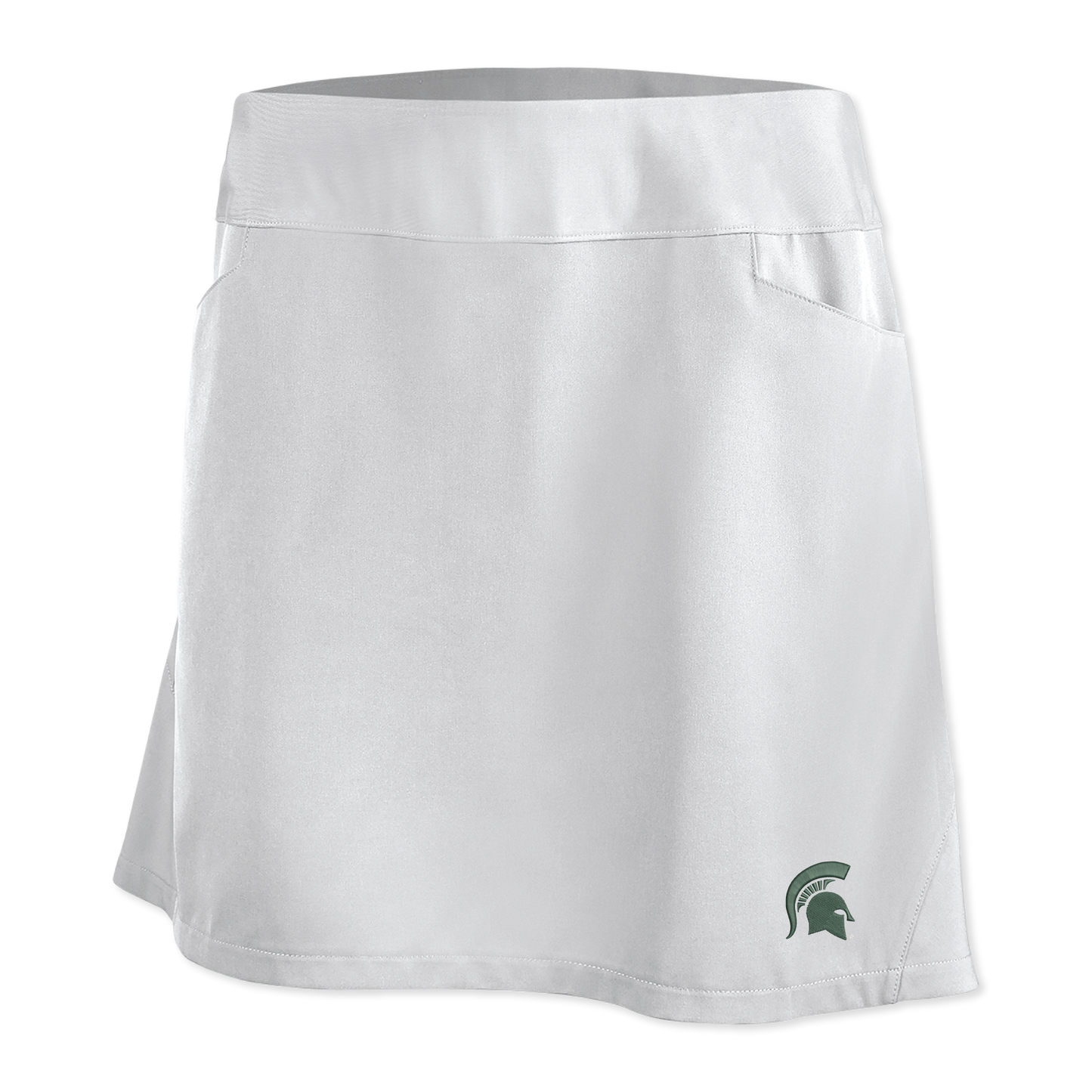 White skort with two pockets on either side and a green Spartan Helmet logo on the bottom left. 