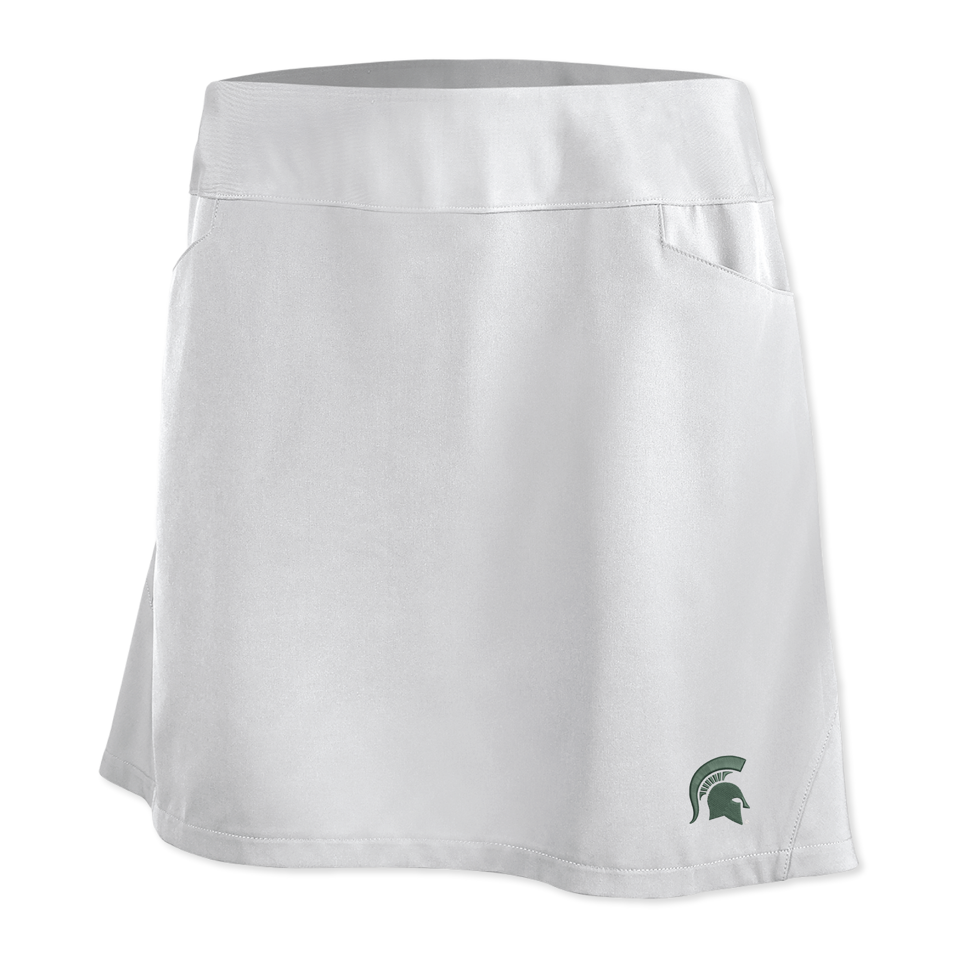 White skort with two pockets on either side and a green Spartan Helmet logo on the bottom left. 