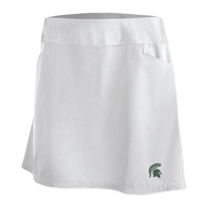 White skort with two pockets on either side and a green Spartan Helmet logo on the bottom left. 
