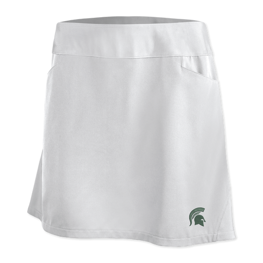 White skort with two pockets on either side and a green Spartan Helmet logo on the bottom left. 