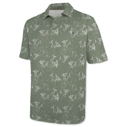 Light green polo with a white leaf print and the Golf Sparty logo on the upper left chest. 