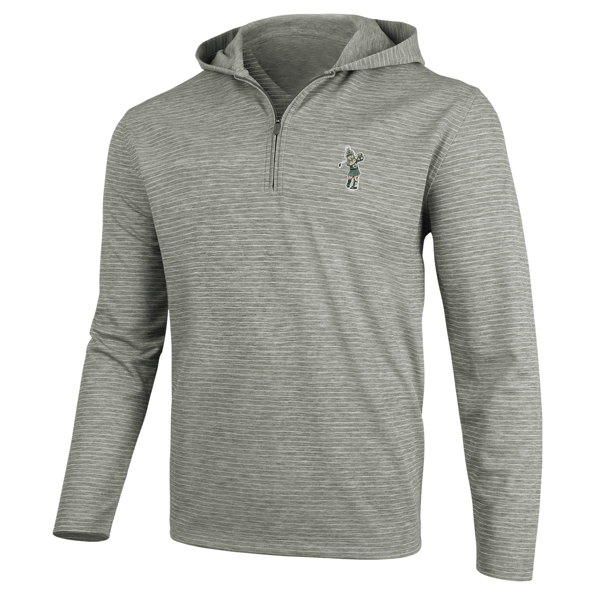 Gray quarter-zip hoodie with thin white stripes and the Golf Sparty logo on the upper left chest. 