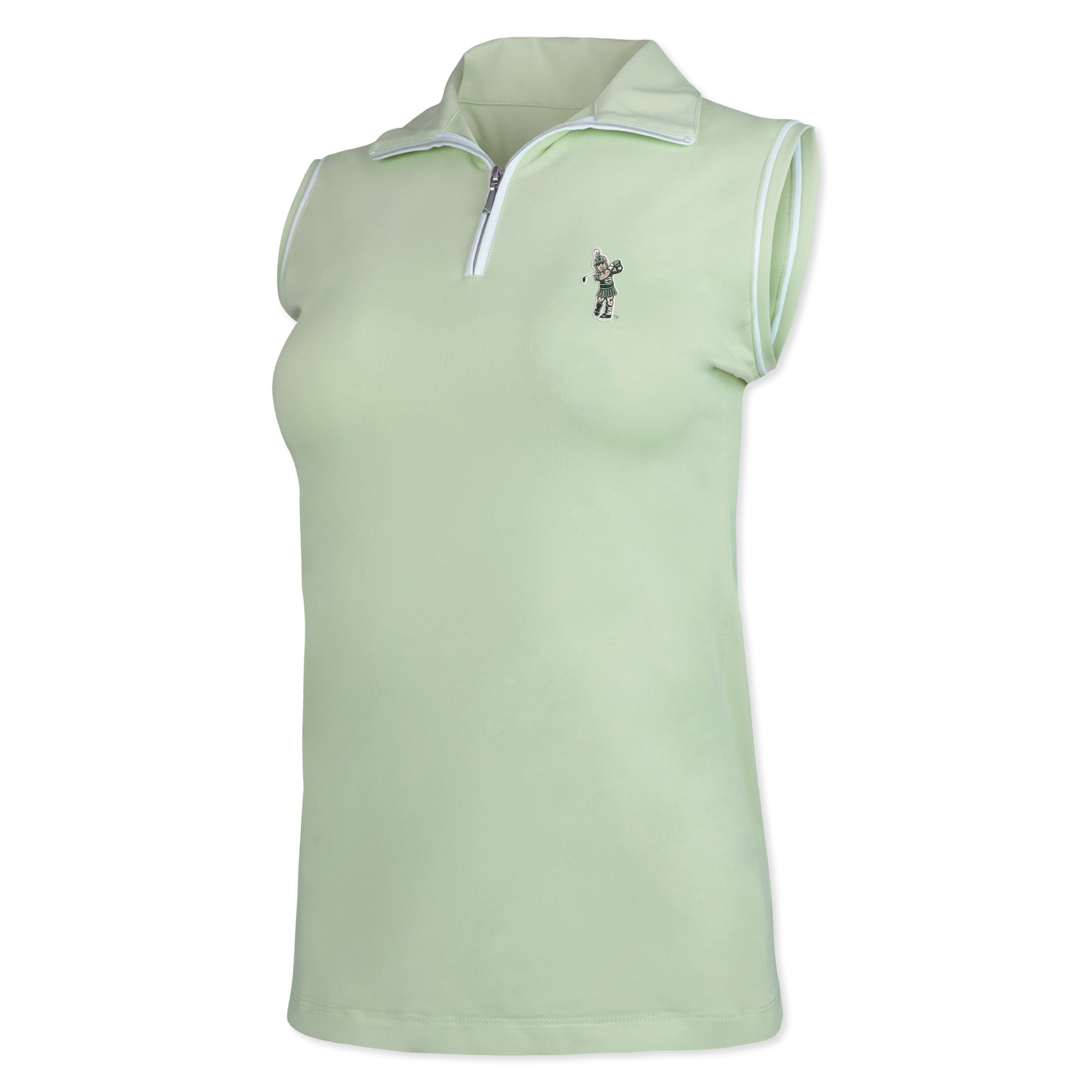 Light green sleeveless quarter-zip with white lining on the zipper and a white stripe on the hem on the sleeves. On the upper left chest is the Golf Sparty logo. 