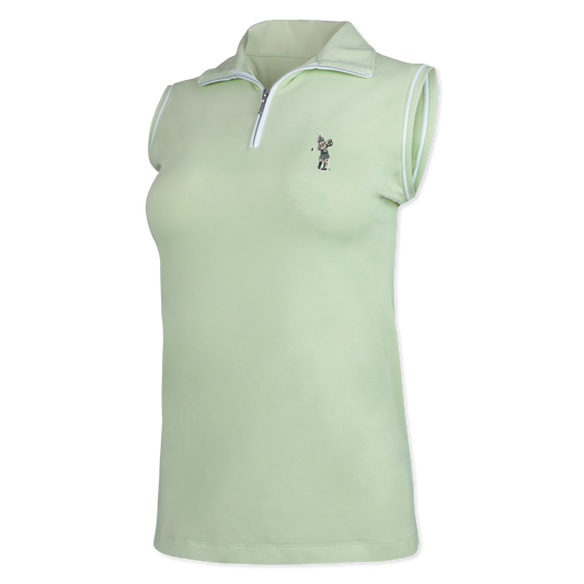 Light green sleeveless quarter-zip with white lining on the zipper and a white stripe on the hem on the sleeves. On the upper left chest is the Golf Sparty logo. 