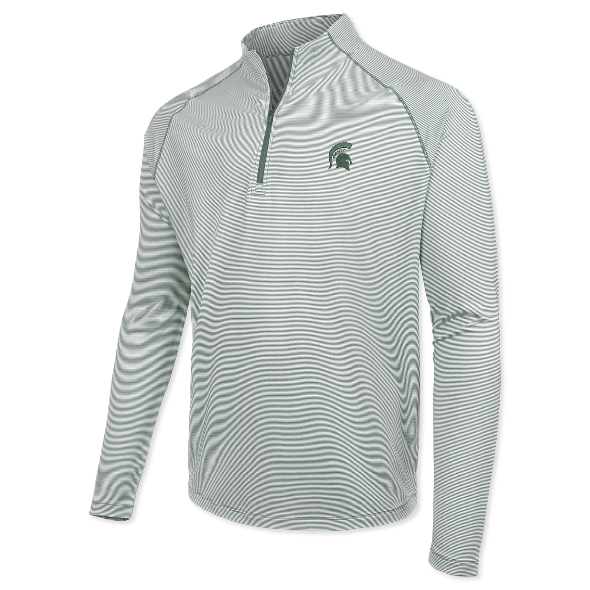 Gray striped quarter-zip with a green Spartan Helmet logo on the upper left chest. 
