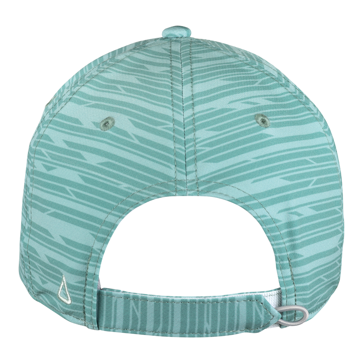 Back of a teal hat with a darker teal heathered design and Velcro adjustable strap. 