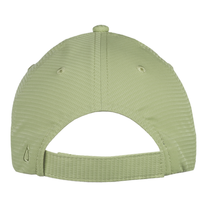 Back of a light green hat with a Velcro adjustable strap. 