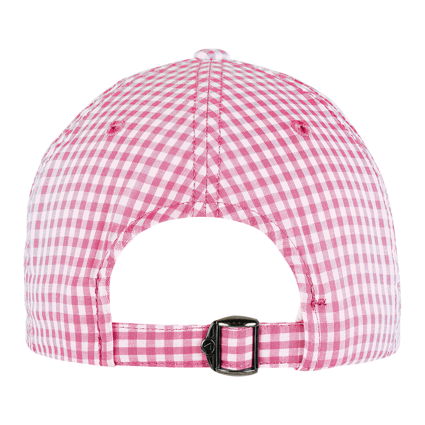 Back of a pink and white gingham hat with an adjustable strap.