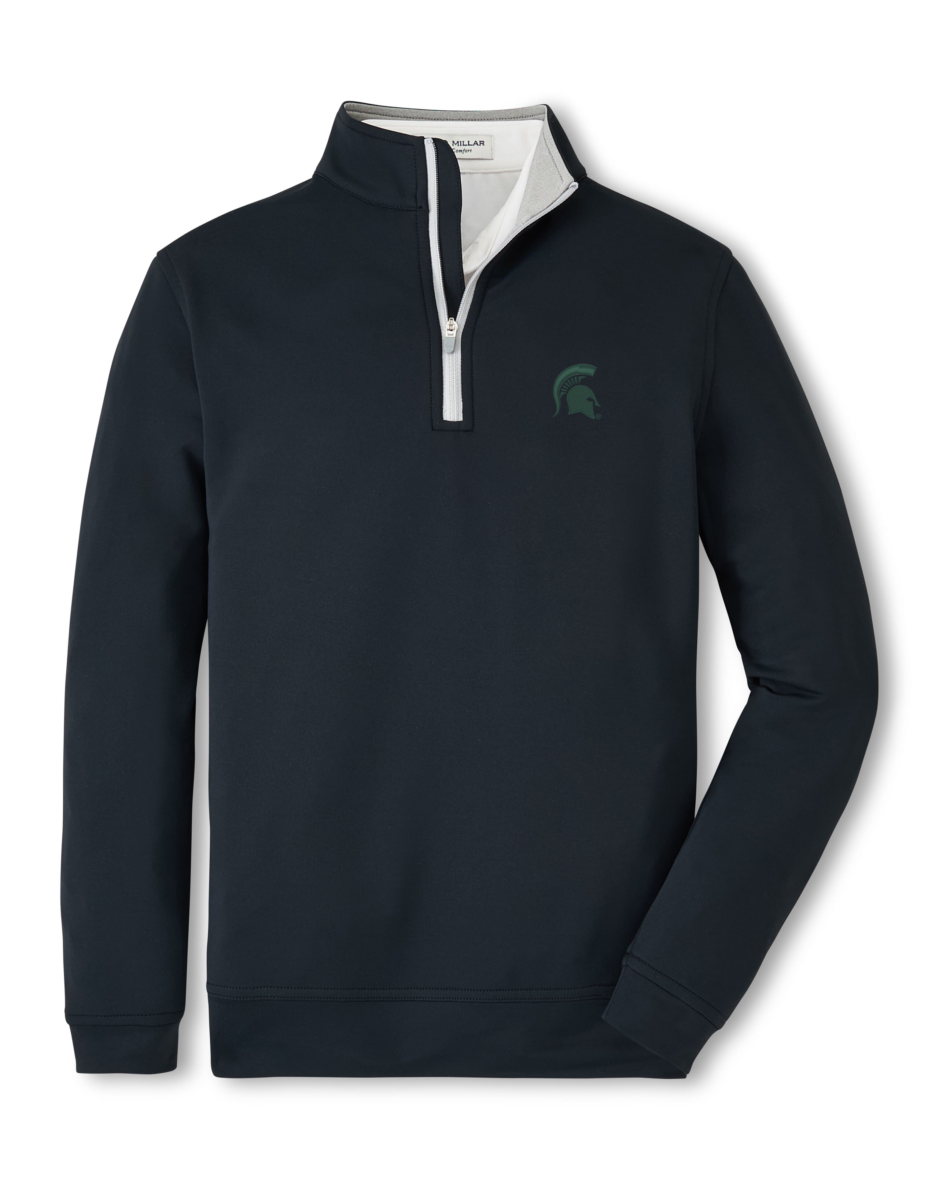 Black quarter-zip with a white zipper, gray inner collar, and a dark green embroidered Spartan helmet logo on the upper left chest. Shown on a white background. 