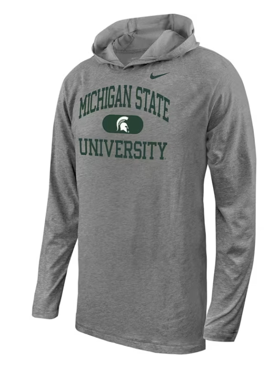 Gray hoodie with green 'MICHIGAN STATE UNIVERSITY' text and Spartan helmet logo.