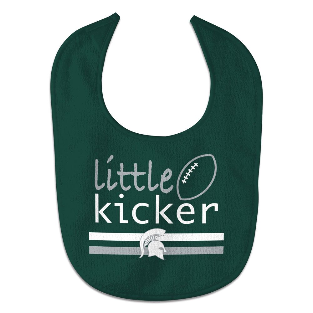 A green bib with gray and white text that reads "Little Kicker" beside a gray and white football graphic. Below are gray and white stripes with a white Spartan Helmet logo overtop.