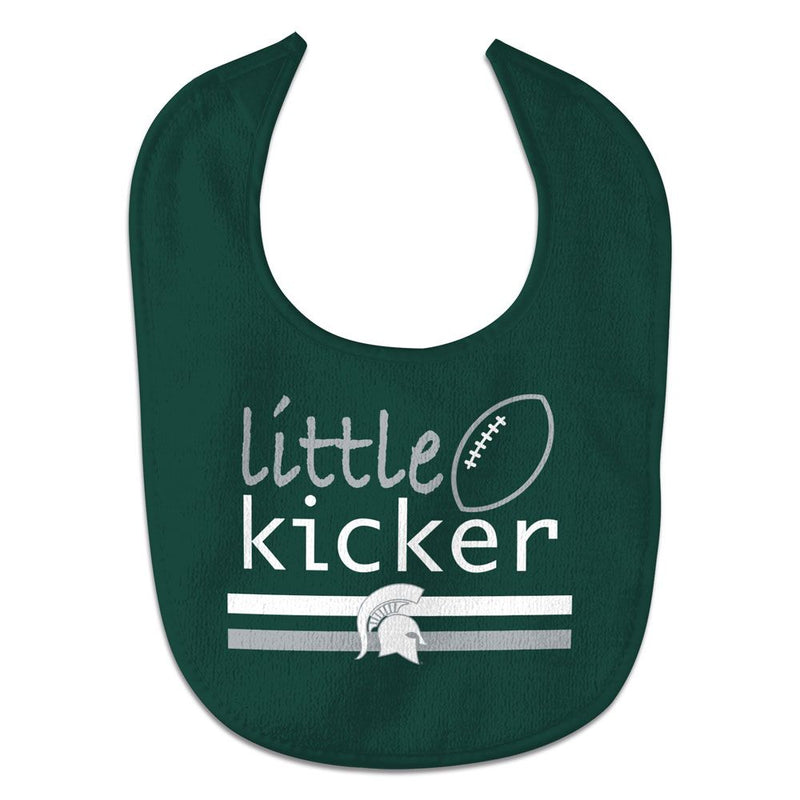 A green bib with gray and white text that reads "Little Kicker" beside a gray and white football graphic. Below are stripes with a white Spartan helmet logo.