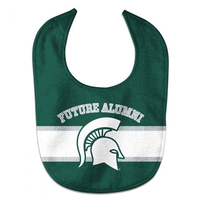 A green bib with a white stripe through the center and a white Spartan Helmet logo. Arching over the logo are the words "Future Alumni."