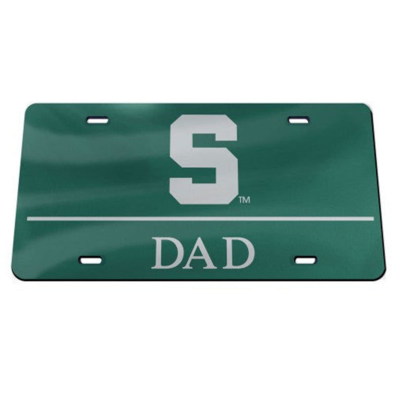Mirror license plate cover that is green. Centered is a chrome block 'S' with a chrome line under. Under the line in chrome is 'DAD'
